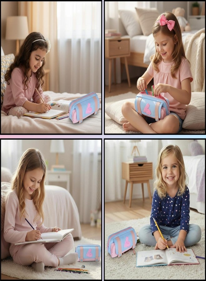 Hexwell حقائب أقلام هيكسويل ذات سعة كبيرة، حقيبة أقلام، حافظة، صندوق، منظم أدوات مكتبية مدرسية للبنات والأطفال (أزرق سماوي + وردي) - Image 5